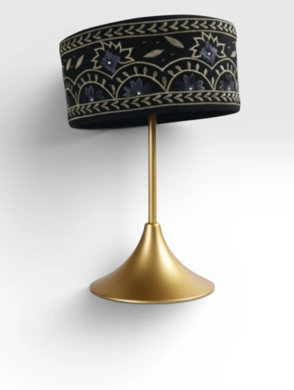 Donna Vinci Couture Black Gold Embroidered Pillbox Hat